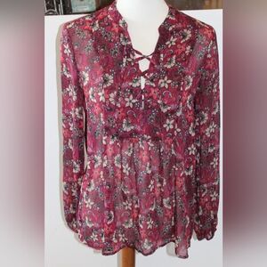 Hollister Floral Sheer Chiffon Blouse Boho Peasant Top Burgundy